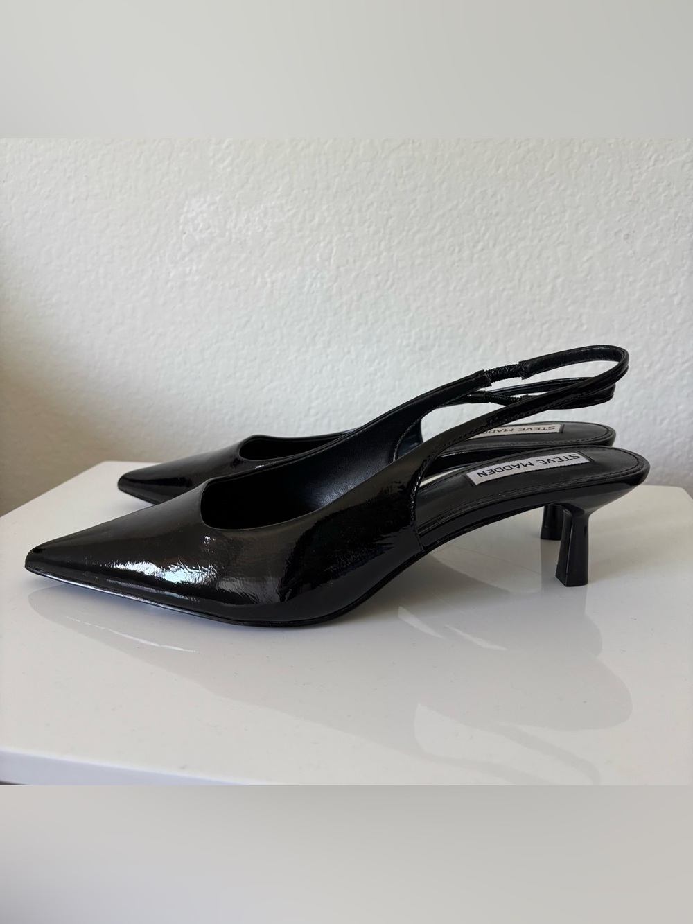 Steve Madden Black Patent Slingback Pointed-Toe Kitten Heels